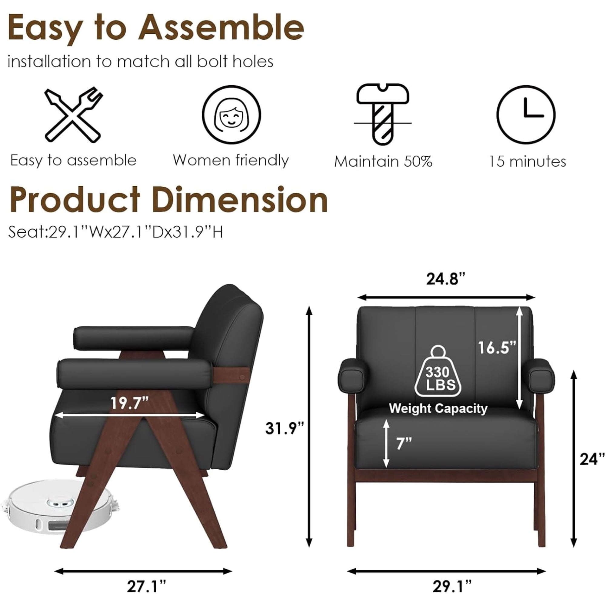 LAZZO Accent Chair, Mid-Century Modern Leather Armchair, Single Lounge Chair for Living Room & Lobby Waiting Area, Black