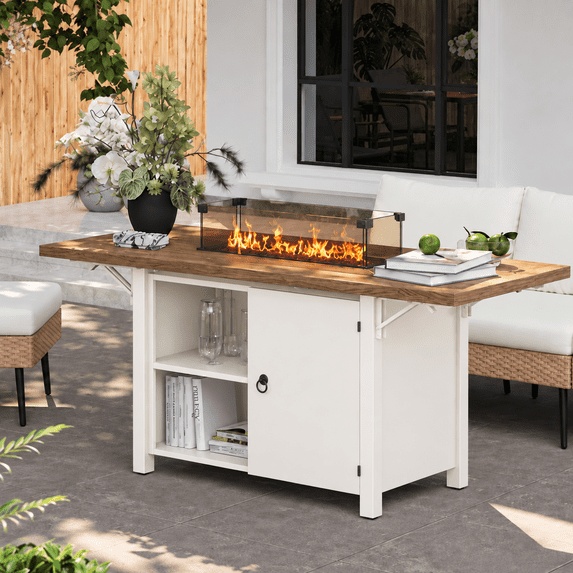 LAZZO 55" Propane Fire Pit Table, 50,000 BTU Outdoor Fire Pit with Foldable Expansion Tabletop and Wind Guard, White