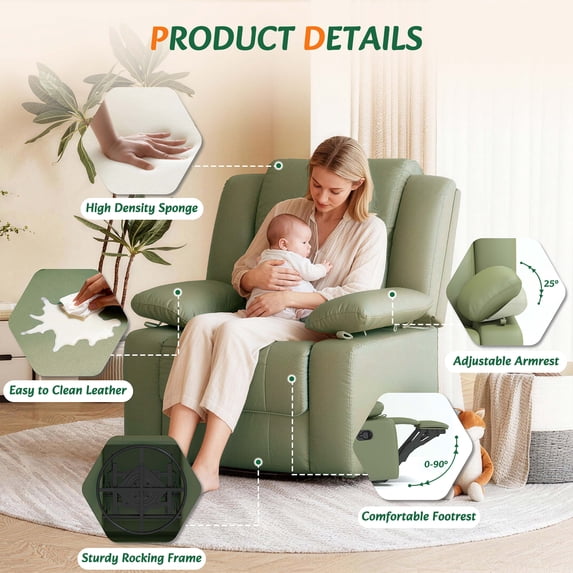 LAZZO Recliner Chair with Adjustable Armrest and Headrest, Upholstered Swivel Rocking Chair for Nursery & Living Room, Green