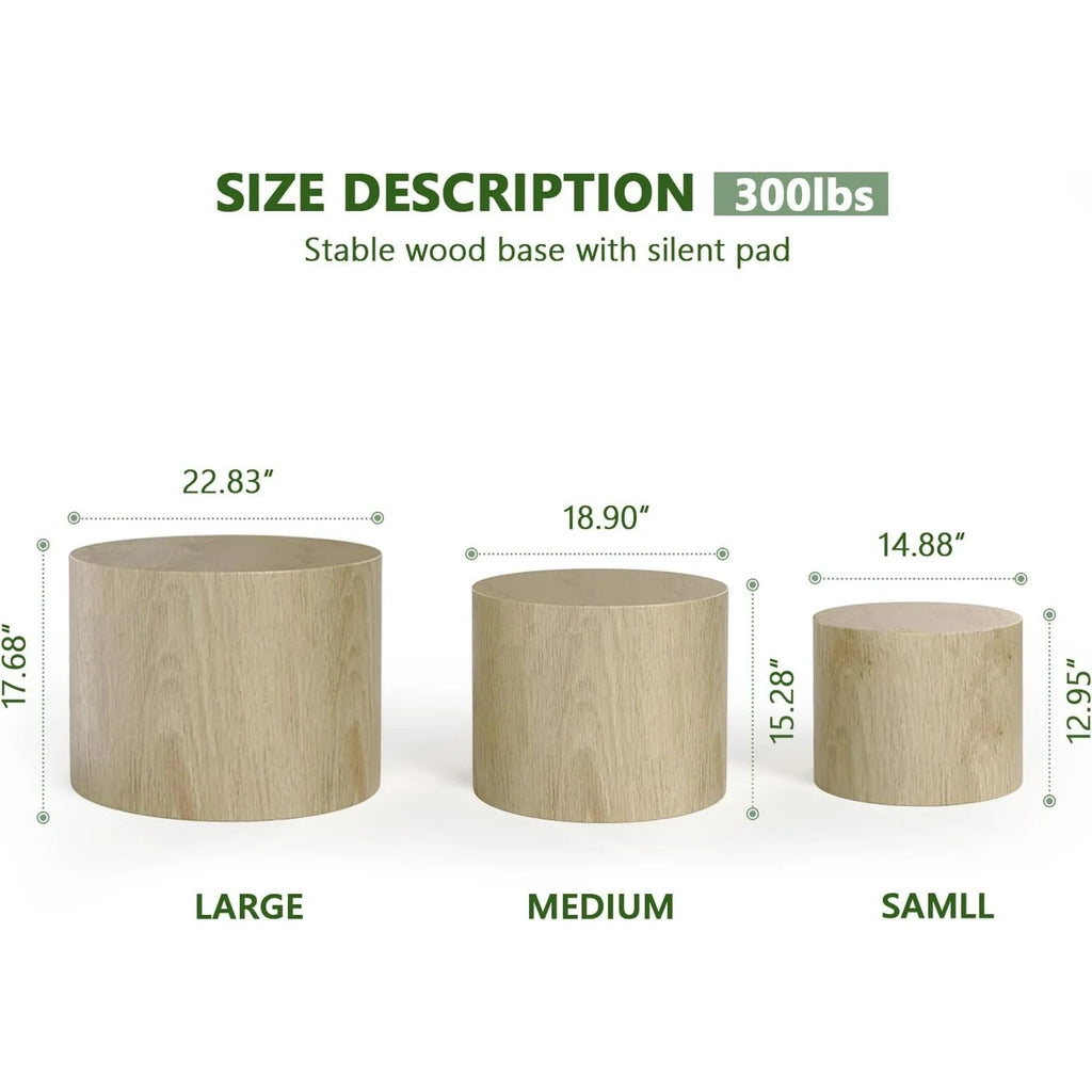 LAZZO Nesting Round Coffee Table Set of 3, Modern Wooden Accent Side Table, Space-Saving Table for Living Room Bedroom, Natural Wood Color