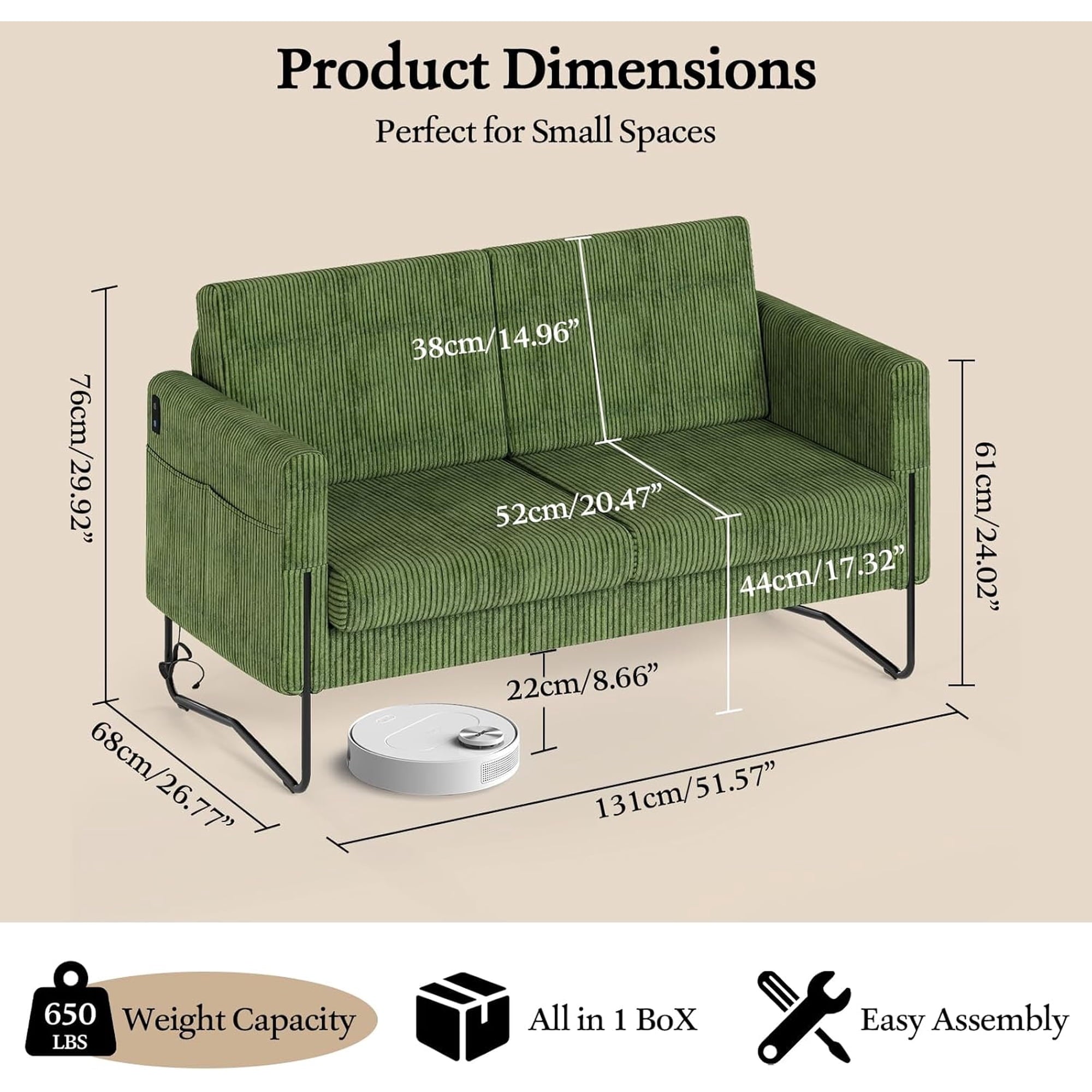 LAZZO 51" Loveseat Sofa, 2 Seater Small Space Couch with USB Charging Port & Side Pocket for Bedroom Office, Green
