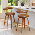 TYBOATLE Swivel Bar Stools Set of 2, 26” Counter Height Bar Stools with Bent Wood Legs and Back, Mid-Century Modern Faux Leather Bar Chairs Island Barstools for Kitchen (2, Cognac Brown)