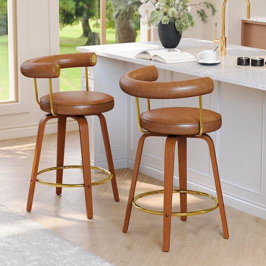 TYBOATLE Swivel Bar Stools Set of 2, 26” Counter Height Bar Stools with Bent Wood Legs and Back, Mid-Century Modern Faux Leather Bar Chairs Island Barstools for Kitchen (2, Cognac Brown)