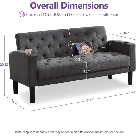LAZZO 62" Loveseat Sofa, Tufted Couch with USB Ports and Cupholders for Living Room, Office and Bedroom, Dark Gray