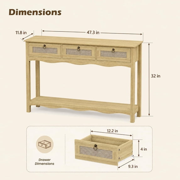 LAZZO 47.3" Boho Rattan Console Table with 3 Drawers and Open Shelf, Narrow Entryway Sofa Table for Living Room, Hallway and Behind Couch, Natural Wood Finish