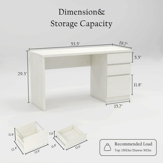 LAZZO 53" Computer Desk with 3 Drawers, Executive Writing Desk with File Storage Drawer for Home Office, White