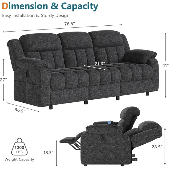 LAZZO 76.5" Power Reclining Sofa, 3-Seater Home Theater Couch with Adjustable Backrest & Storage Pockets, Gray