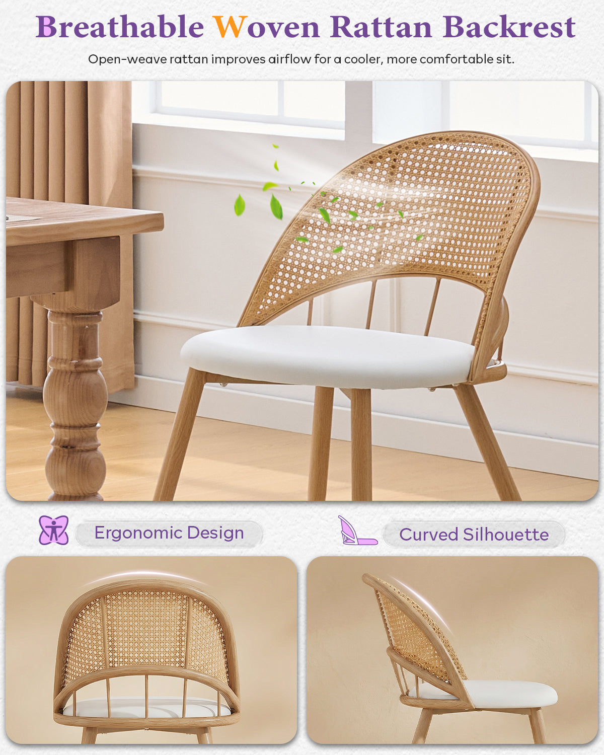 TYBOATLE Rattan Dinner Chairs Set of 2 with Faux Leather Cushion, Modern Dining Room Chairs w/Adjustable Foot Pads, Boho Kitchen Chairs Mid Century Upholstered, White