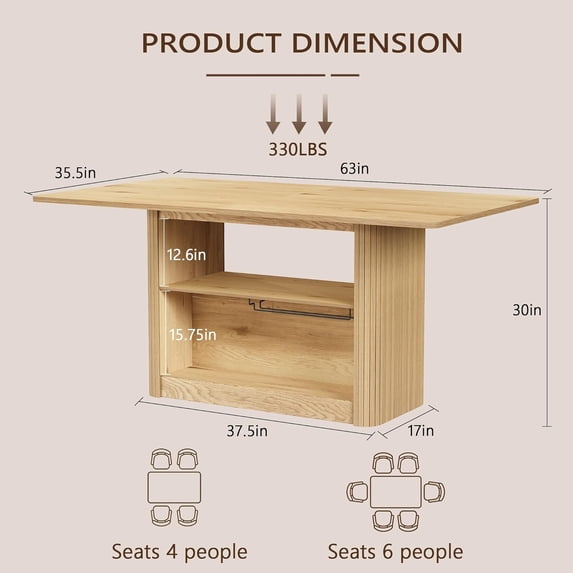 LAZZO 63.3" Rectangular Dining Table for 6 People, Modern Farmhouse Kitchen Table with 2-Tier Storage Shelf, Fluted Wood Table, Oak
