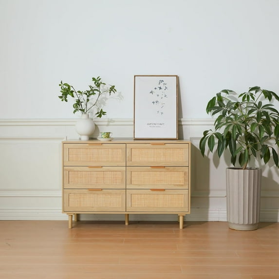 LAZZO 6-Drawer Rattan Dresser, Modern Chest of Drawers, Wooden Storage Organizer for Bedroom, Living Room & Hallway, Natural Wood Color
