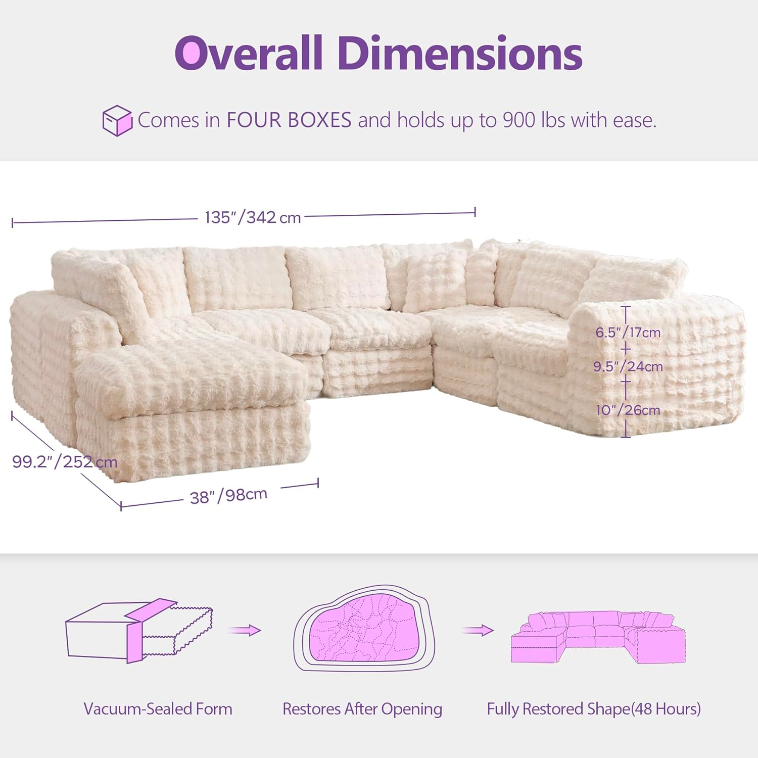TYBOATLE 135’’ Boneless Slow-Rebound Memory Foam Couch, Cloud Sectional Couches for Living Room w/Upgraded Fabric, Deep Seat Comfy Fluffy U Shaped Modular Sectional Sofa w/Chaise (Beige, 8U)