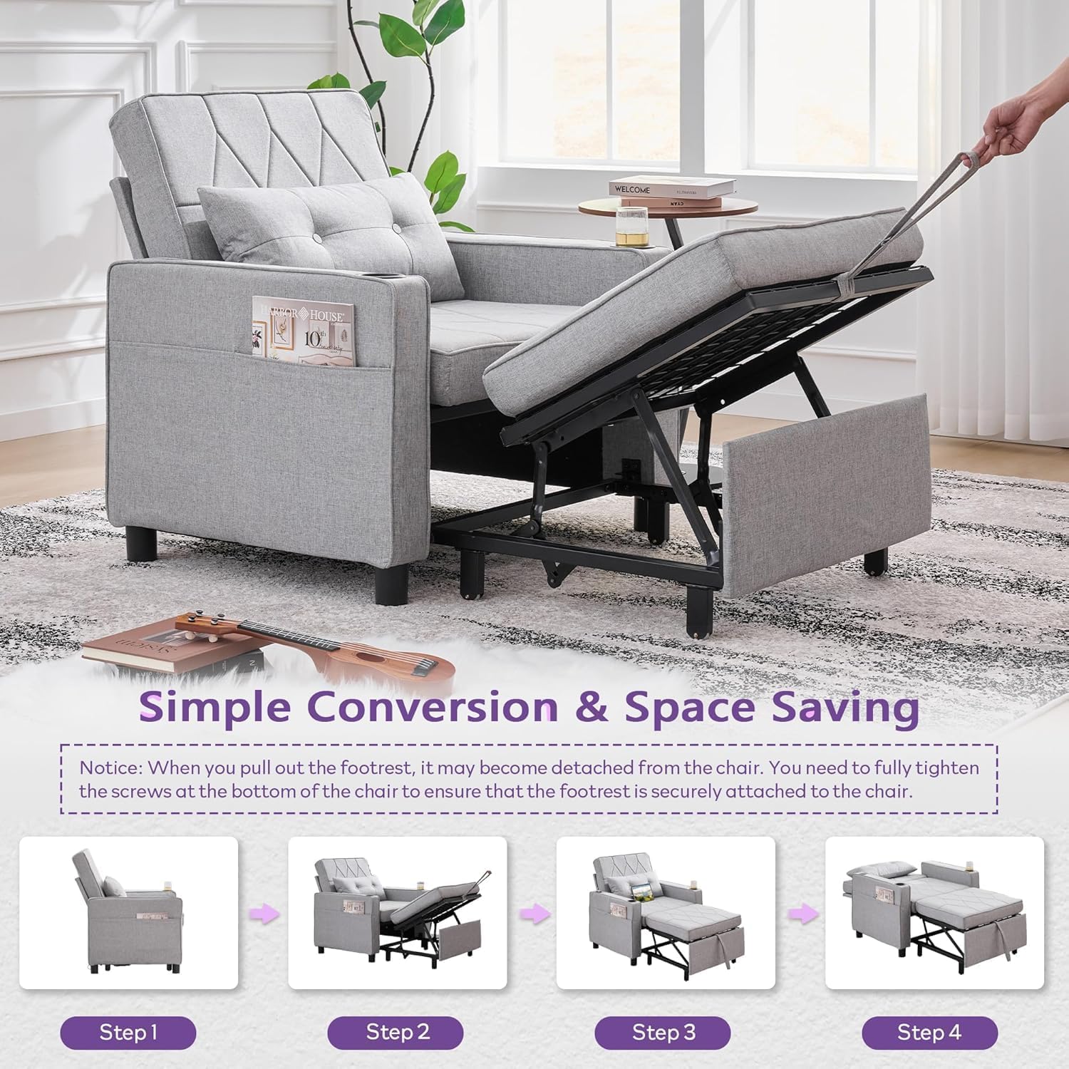 TYBOATLE Sleeper Chair for Adults, Convertible Pull Out Sofa Bed with Charging, Grey | Cup Holders, Side Pockets, Living Room, Bedroom, Small Space