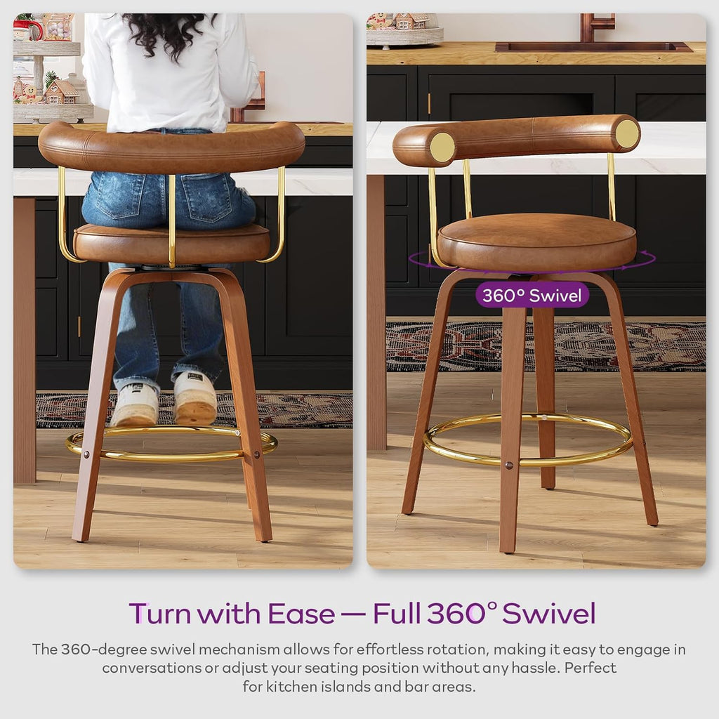 TYBOATLE Swivel Bar Stools Set of 2, Counter Height Bar Stools with Bent Wood Legs and Back, Mid-Century Modern Faux Leather Bar Chairs Island Barstools for Kitchen (4, Brown)