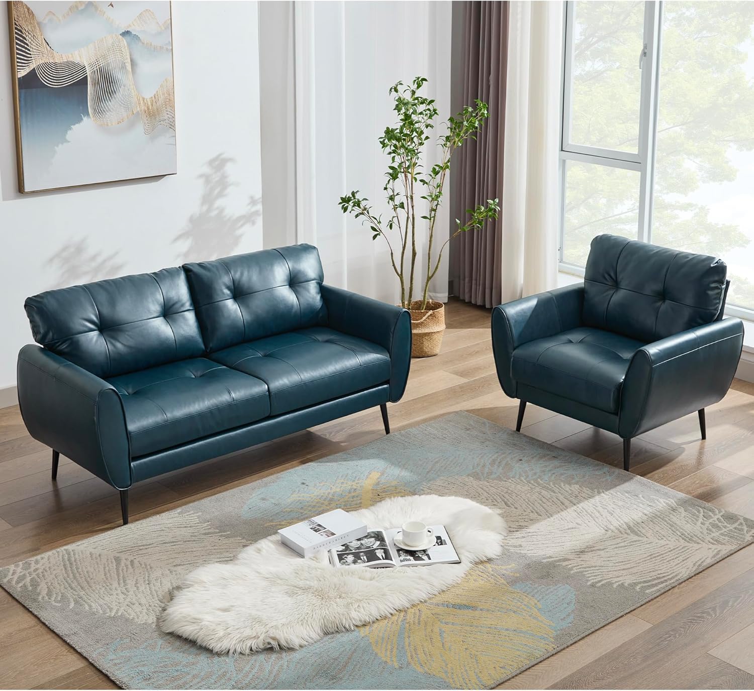 TYBOATLE Sofa Couch 61" Small Loveseat Couches for Living Room Leather Couch Mid Century Modern Tufted Mini Sofa Comfy Office 2 Seat Settee Love Seat Small Couches for Small Spaces Bedroom (2, Blue)
