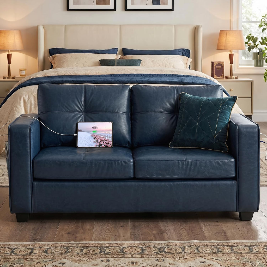 TYBOATLE 65" Faux Leather Loveseat for Bedroom, Mid-Century Modern Tufted Comfy Loveseat w/USB Charging Ports and Wide Arms, 2 Seat Office Small Couch, Blue