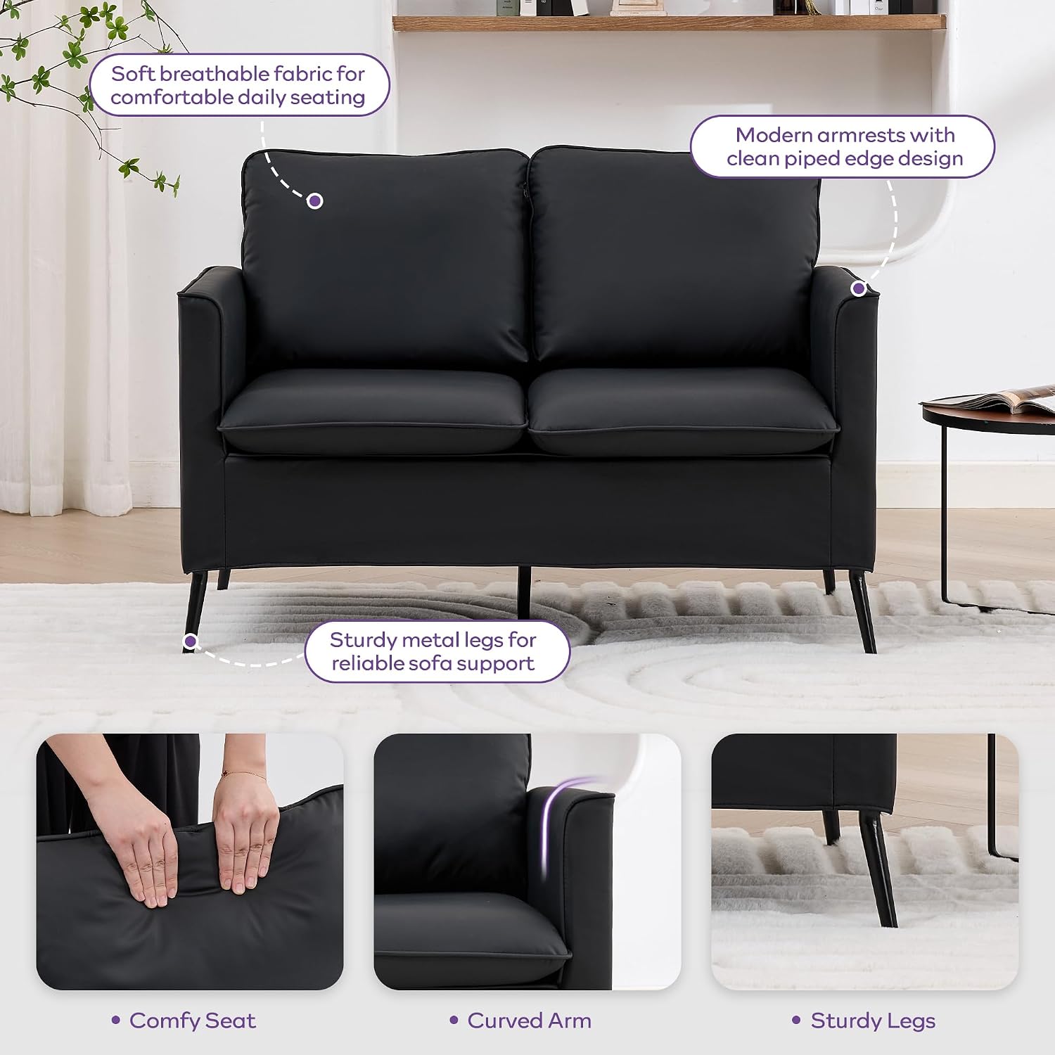 TYBOATLE Leather Loveseat Sofa and Accent Chair Set (Black, 2) | Comfy, 2 Pillows, Mid-Century Modern, Small Spaces, 2 Pieces Living Room Furniture Sets