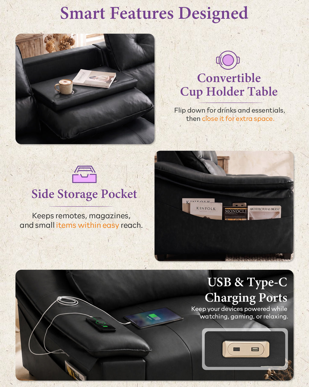 Electric Reclining Sectional Couch, Power Recliner Sofa w/USB & Type-C Charging Ports and Cup Holders, Leather Reclining Sofa for Living Room, Home Theater