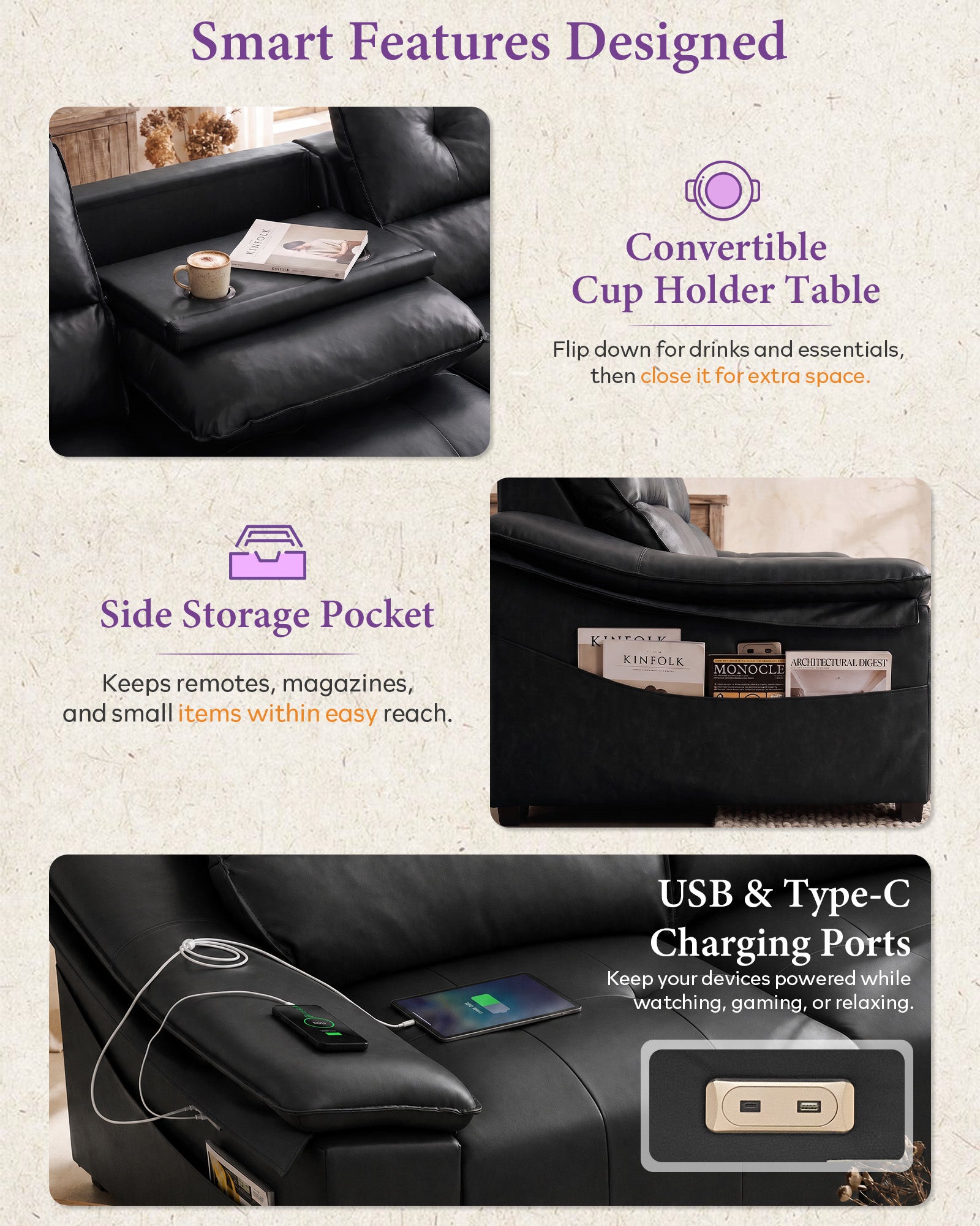 Electric Reclining Sectional Couch, Power Recliner Sofa w/USB & Type-C Charging Ports and Cup Holders, Leather Reclining Sofa for Living Room, Home Theater