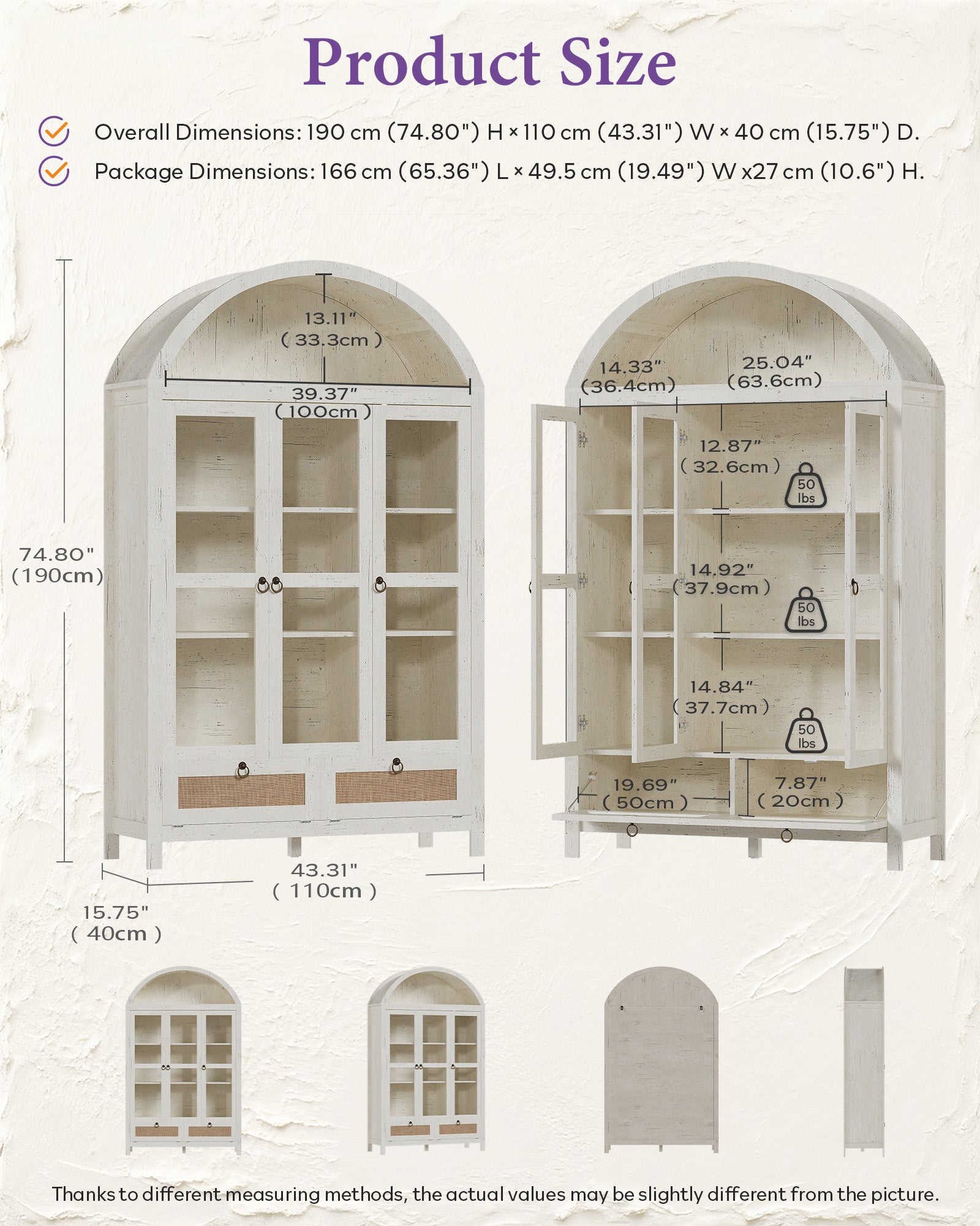 75'' White Arched Cabinet, Arch Storage Cabinet, Pantry with 3 Glass Doors | TYBOATLE, Pantry Cabinet, Farmhouse Style, Rattan Drawers, Anti-Tip Device, Kitchen, Bathroom, Dining Room, Cupboard Storage