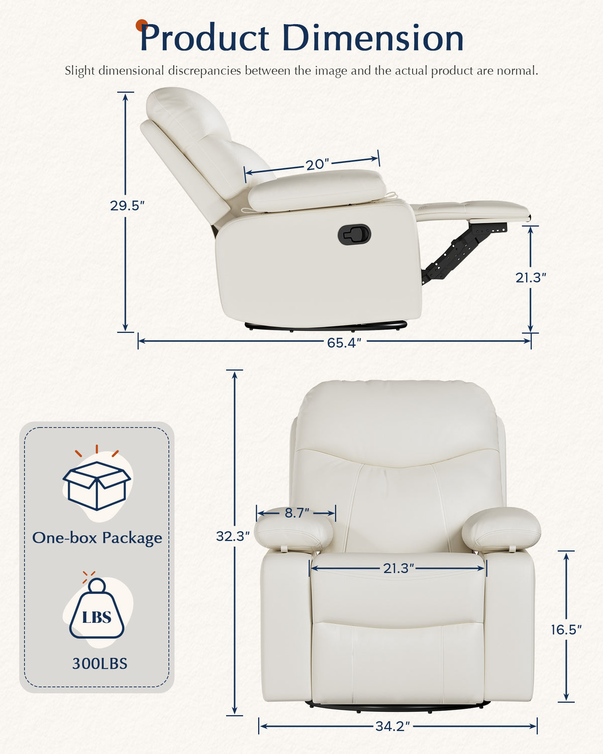 AODAILIHB Recliner Chair w/Adjustable Armrests for Adults White,360° Swivel, 30° Rocker, 135° Recline, Comfy White Leather Nursing Reclining Sofa Chair for Living Room, RV