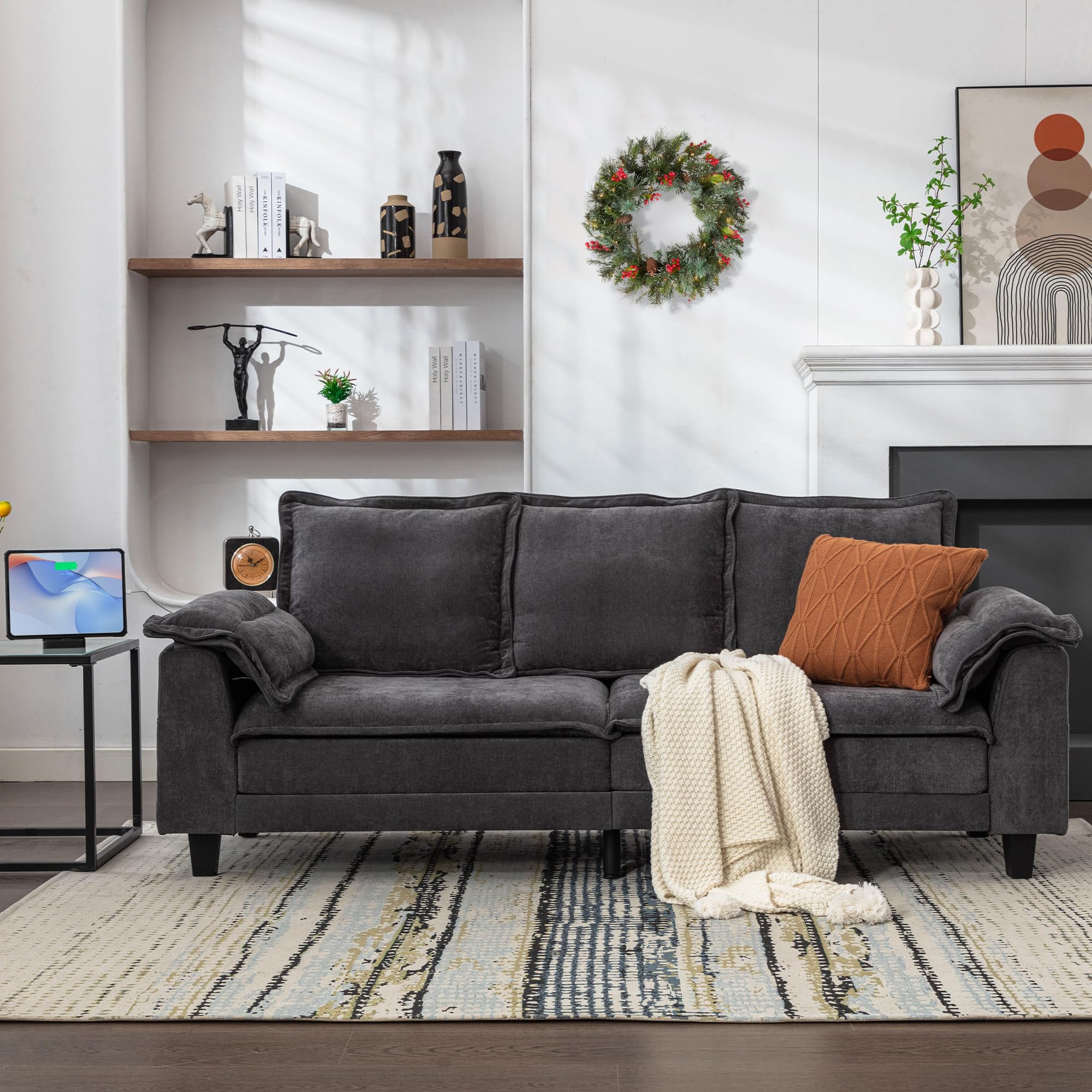 TYBOATLE 85" W Living Room Couch, Comfy Mid-Century Modern Grey Couch w/2 USB Charger & Wide Arms, 3 Seater Sofa w/2 Side Pockets for Apartment, Bedroom, Office