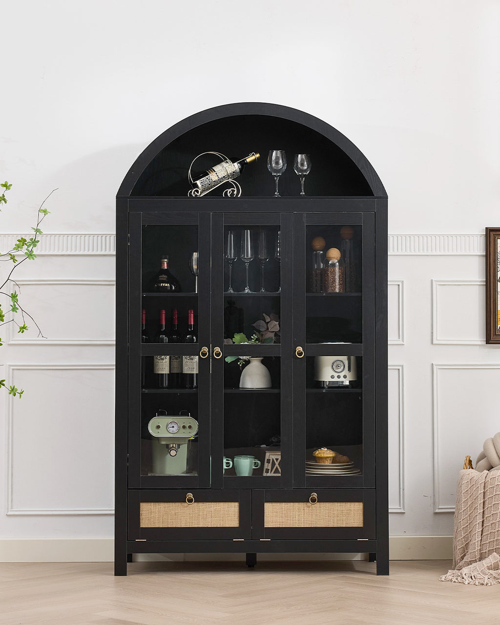 TYBOATLE 75'' Arched Cabinet Classic Farmhouse Design w/Three Glass Doors, Arch Cabinet w/Rattan Drawers and Anti-Tipping Device, Versatile Cupboard for Kitchen, Bathroom, Black