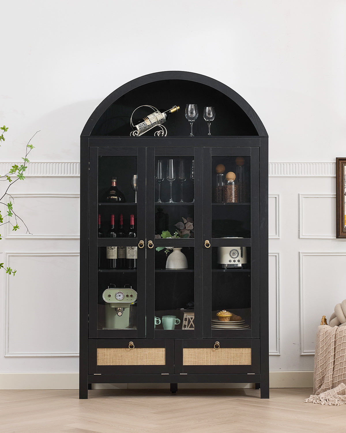 TYBOATLE 75'' Arched Cabinet Classic Farmhouse Design w/Three Glass Doors, Arch Cabinet w/Rattan Drawers and Anti-Tipping Device, Versatile Cupboard for Kitchen, Bathroom, Black