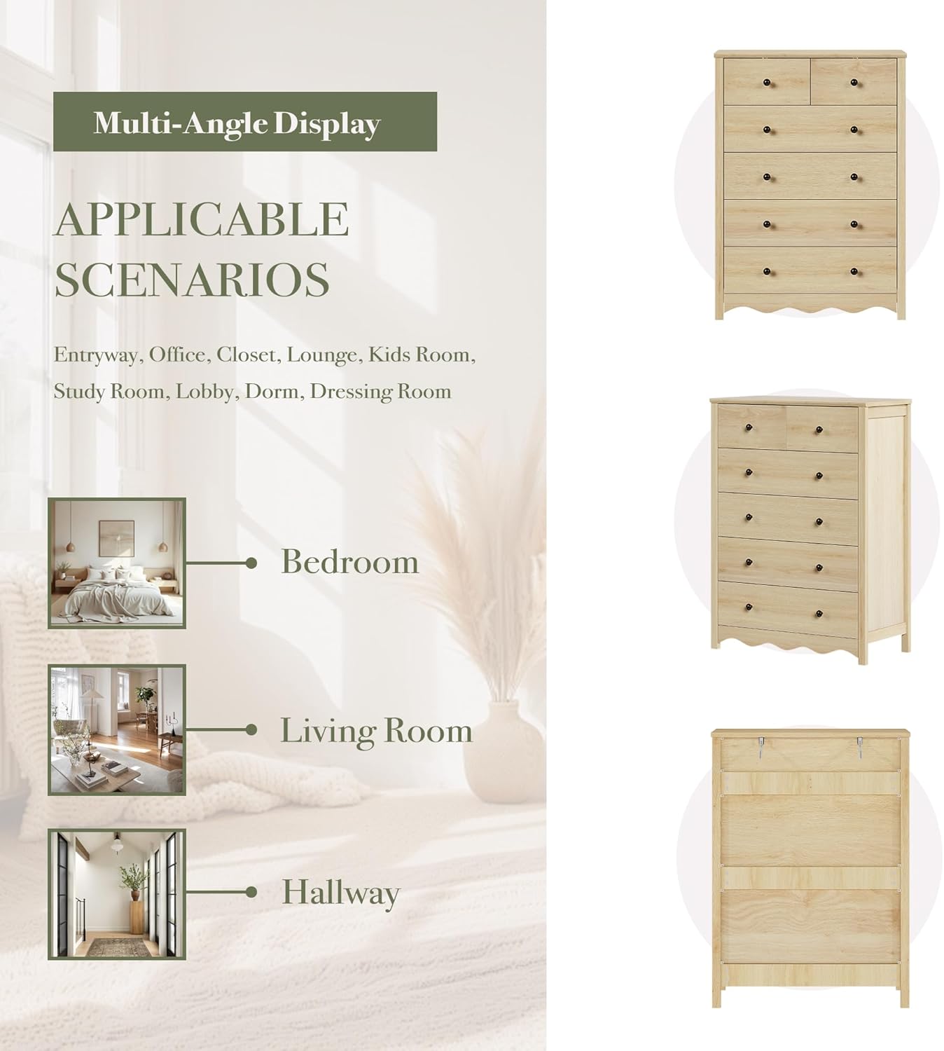 CHYMSUN Dresser for Bedroom with 6 Drawers, 44” Tall Modern Wood Dresser Chest of Drawers with Metal Handle, Farmhouse Natural Solid Wooden Dressers Organizer for Living Room, Hallway