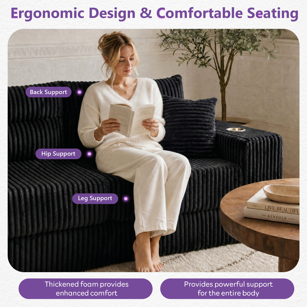 TYBOATLE Modular Sectional Sofa Couch, Corduroy Cloud Boneless Foam Couch with Deep Seats & Cup Holder, Modern Comfy Sleeper Sofa with L-Shape Chaise, No Assembly (Black)