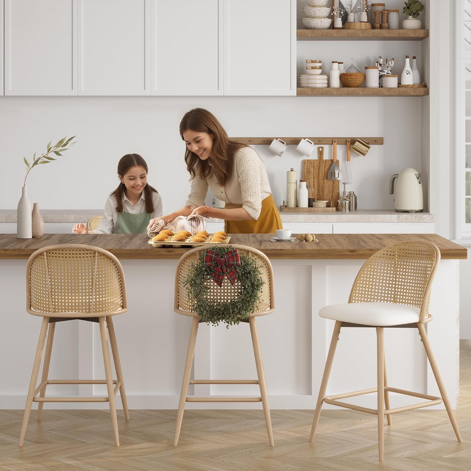 TYBOATLE 26'' BarStools Set of 4 w/Rattan Backrest, Swivel Counter Height Bar stools w/Metal Legs, Modern Mid-Century Boho Bar stools with Faux Leather for Kitchen Island, Dining Room, White