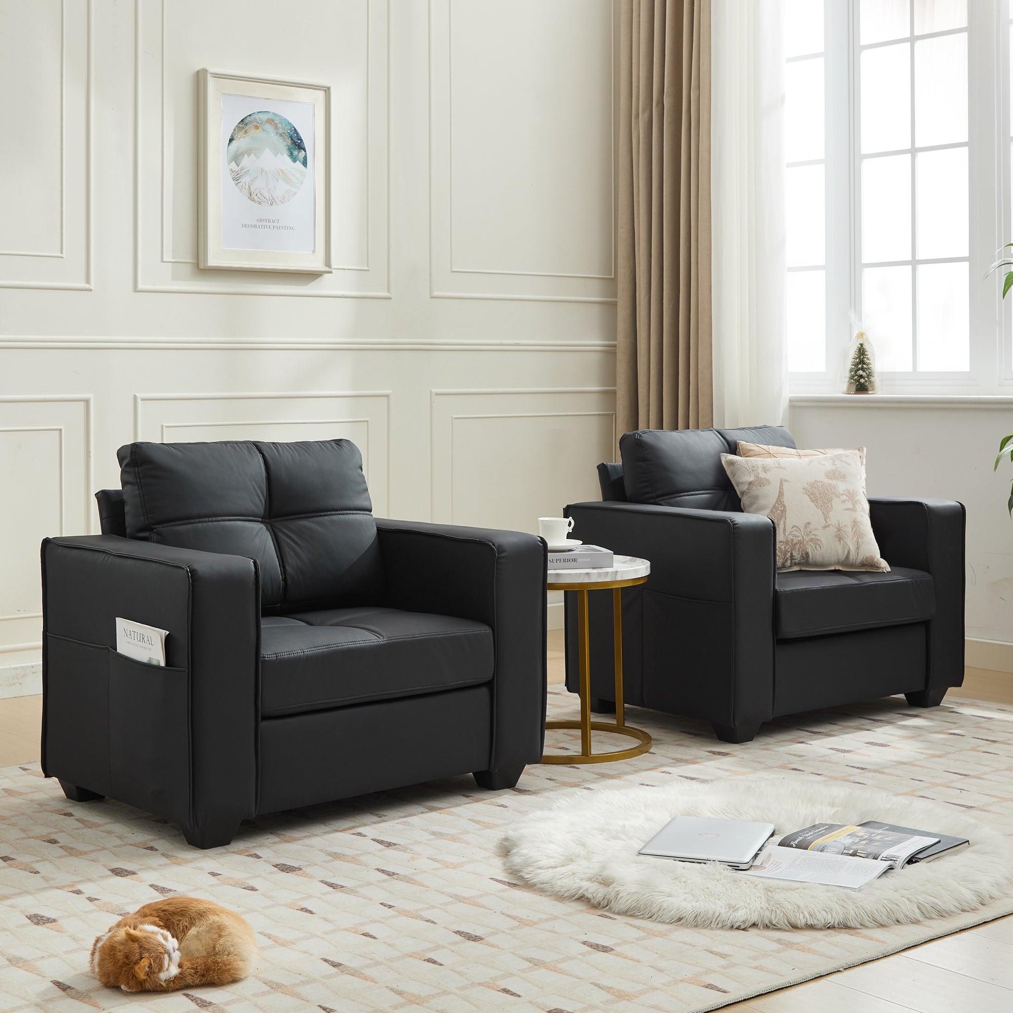 TYBOATLE Accent Chair, Comfy Black Faux Leather Living Room Chair Reading Oversized Accent Chairs Tufted Mid Century Modern Arm Chair, Wide Armchair for Office Bedroom Lobby