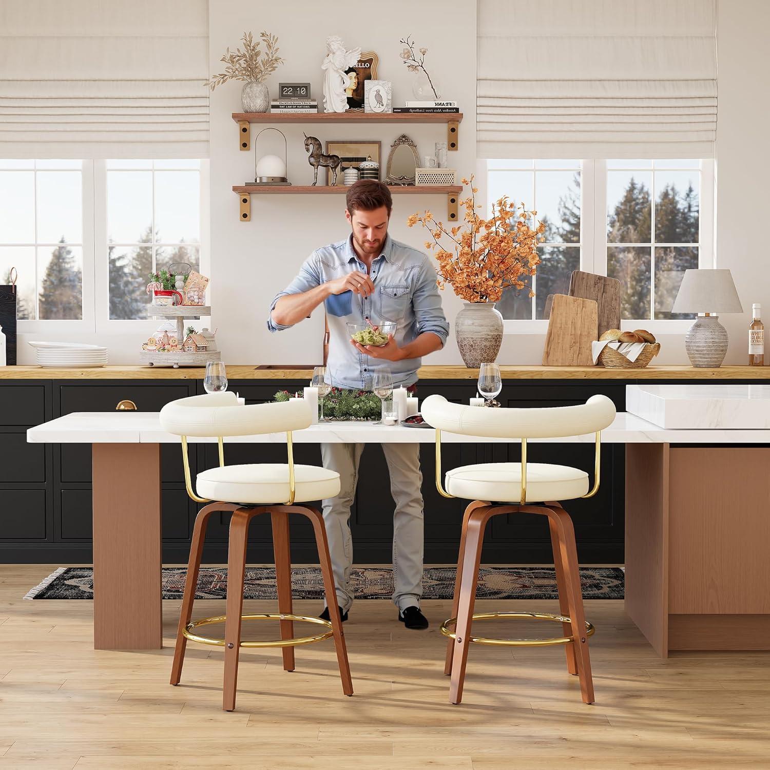 TYBOATLE Swivel Bar Stools Set of 2, Counter Height Bar Stools with Bent Wood Legs and Back, Mid-Century Modern Faux Leather Bar Chairs Island Barstools for Kitchen (2, White)