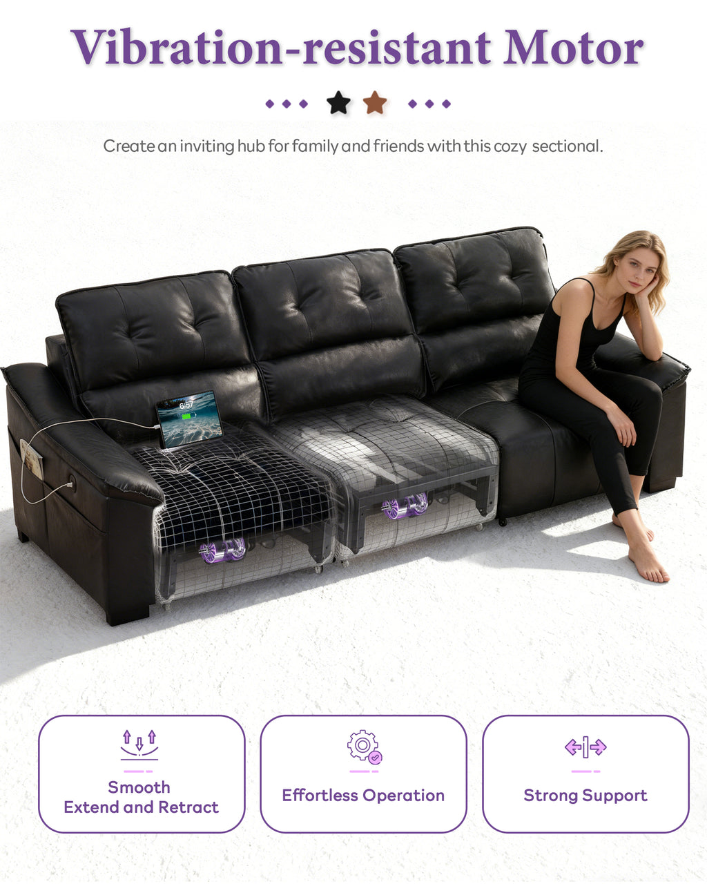 TYBOATLE Electric Reclining Sectional Couch, Power Recliner Sofa w/USB & Type-C Charging Ports and Cup Holders, Leather Reclining Sofa for Living Room, Home Theater (Black)