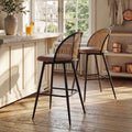 TYBOATLE BarStools Set of 2 w/Rattan Backrest, Swivel Counter Height Bar Stools w/Metal Legs, Modern Mid-Century Boho Stools with Faux Leather for Kitchen Island, Dining Room, White (2, Brown-26'')
