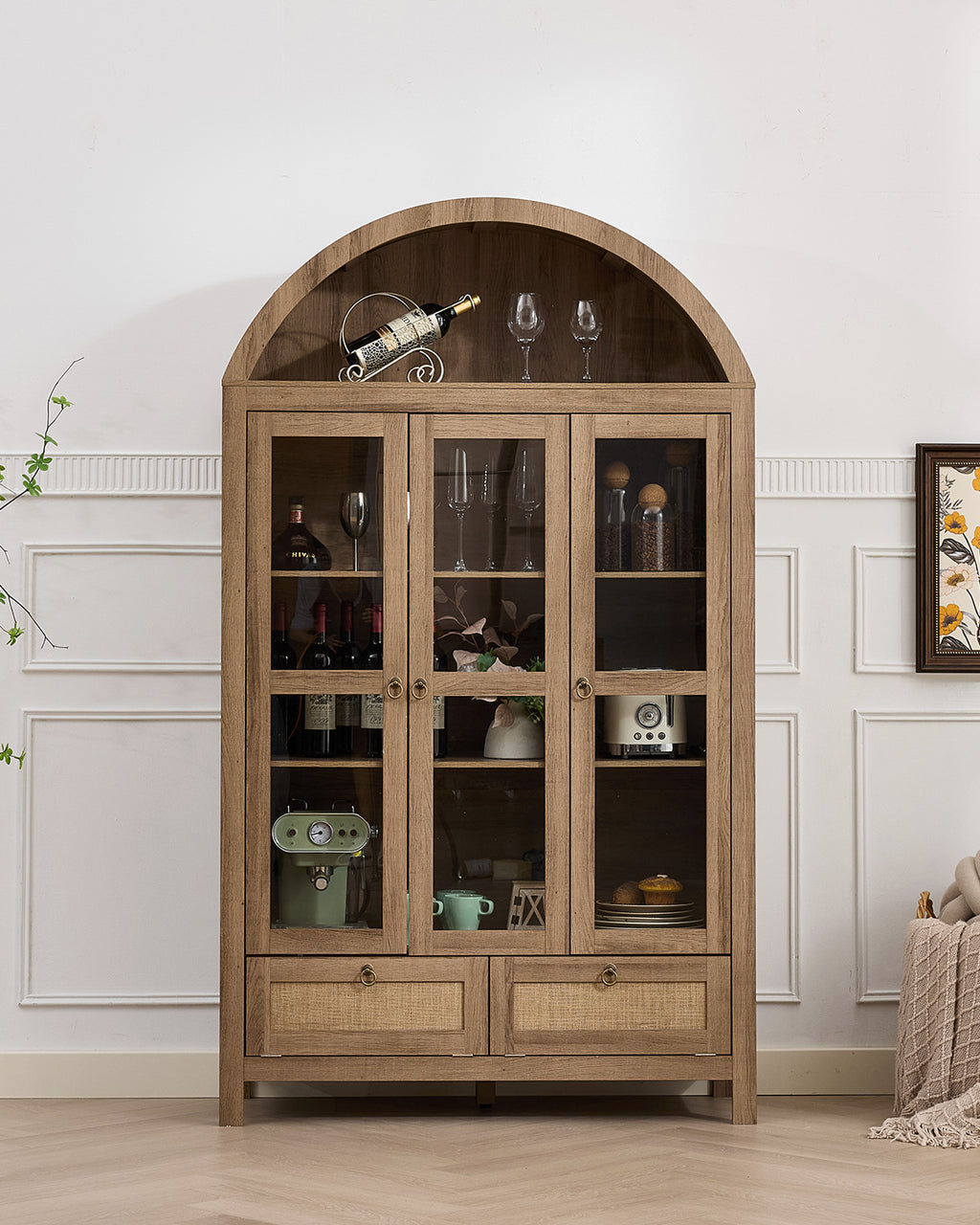 TYBOATLE 75'' Arched Cabinet Classic Farmhouse Design w/Three Glass Doors, Arch Cabinet w/Rattan Drawers and Anti-Tipping Device, Versatile Cupboard for Kitchen, Bathroom, Natural