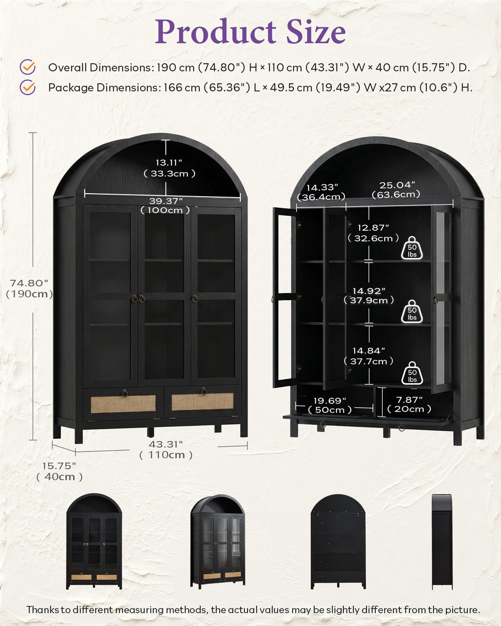 75'' Black Arched Cabinet, Arch Pantry Storage Cabinet with 3 Glass Doors | TYBOATLE, Pantry Cabinet, Farmhouse Style, Rattan Drawers, Anti-Tip Device, Kitchen, Bathroom, Dining Room, Cupboard Storage
