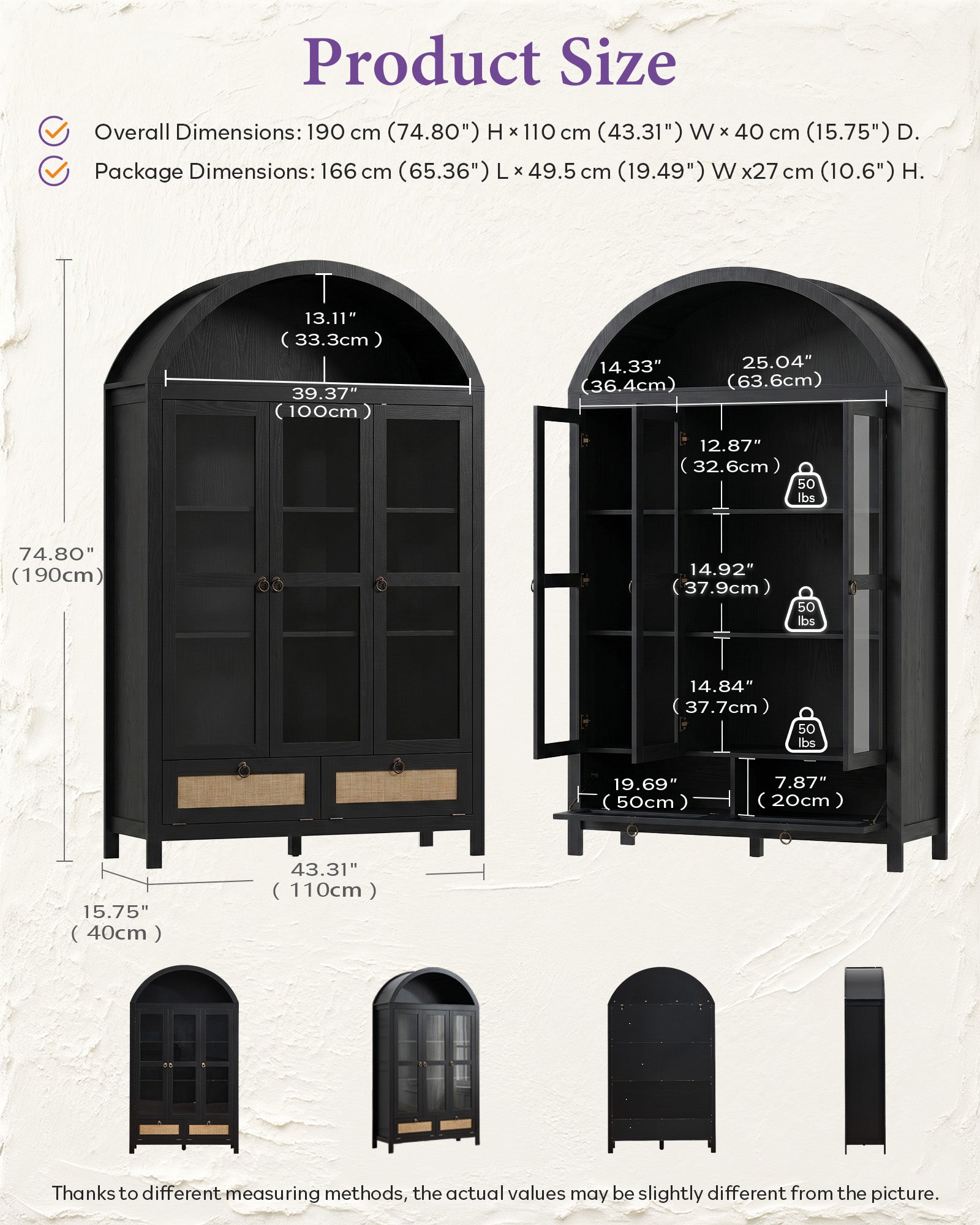 75'' Black Arched Cabinet, Arch Pantry Storage Cabinet with 3 Glass Doors | TYBOATLE, Pantry Cabinet, Farmhouse Style, Rattan Drawers, Anti-Tip Device, Kitchen, Bathroom, Dining Room, Cupboard Storage