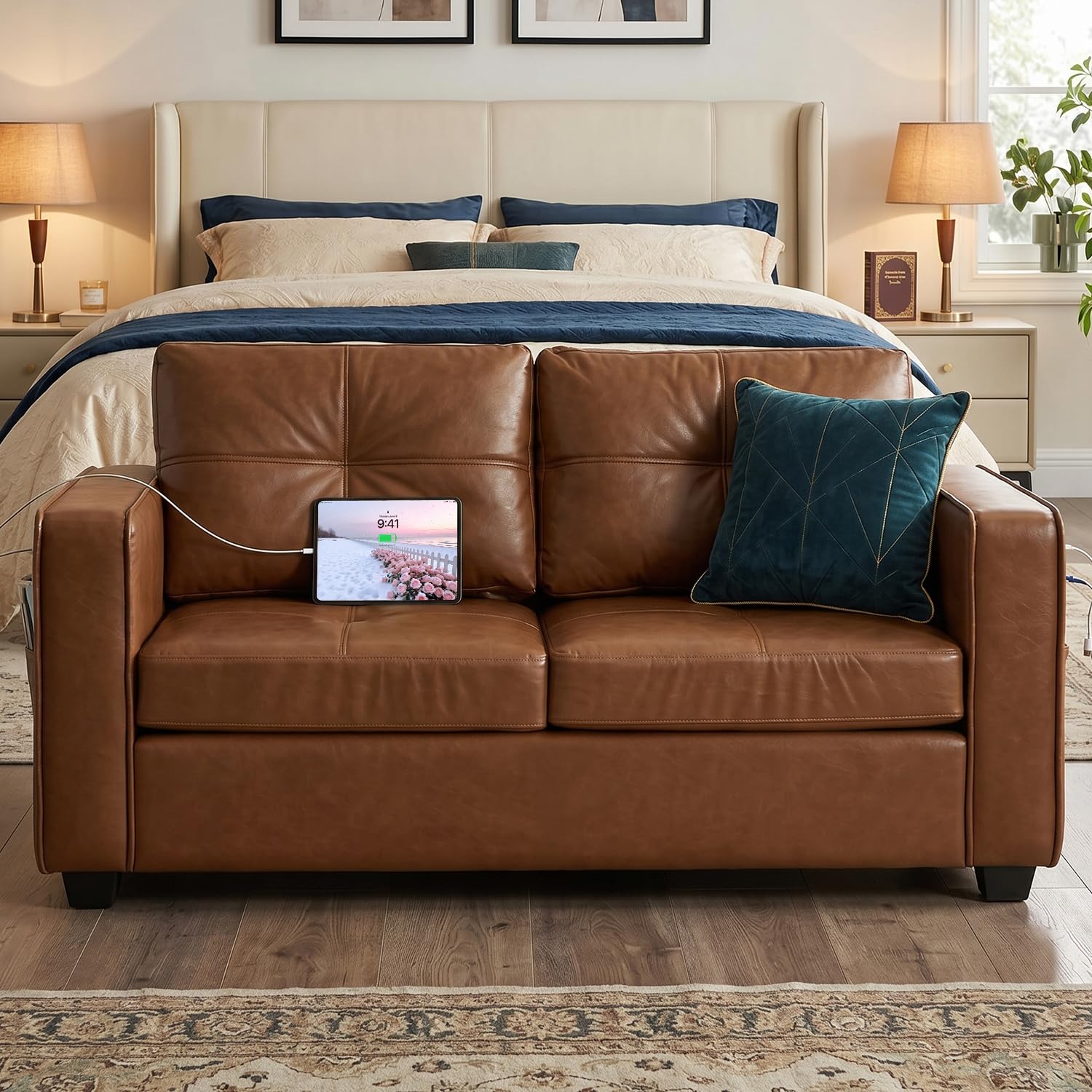 TYBOATLE 65" Faux Leather Love Seat Sofa for Living Room, Modern Tufted Comfy Loveseat w/USB Charging Ports and Wide Arms, 2 Seater Office Small Couch for Small Space Bedroom, Brown