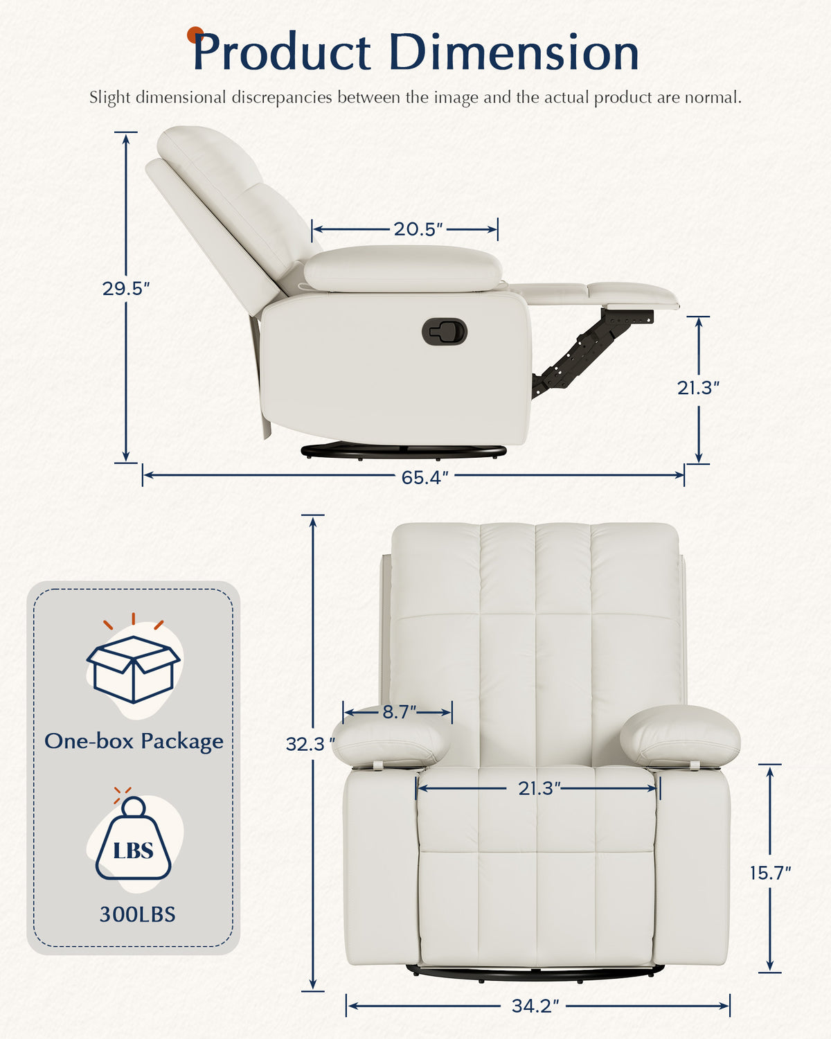 AODAILIHB  Recliner Chair w/Adjustable Armrests for Adults 360° Swivel, 30° Rocker, 135° Recline, Comfy White Leather Nursing Reclining Sofa Chair for Living Room, RV