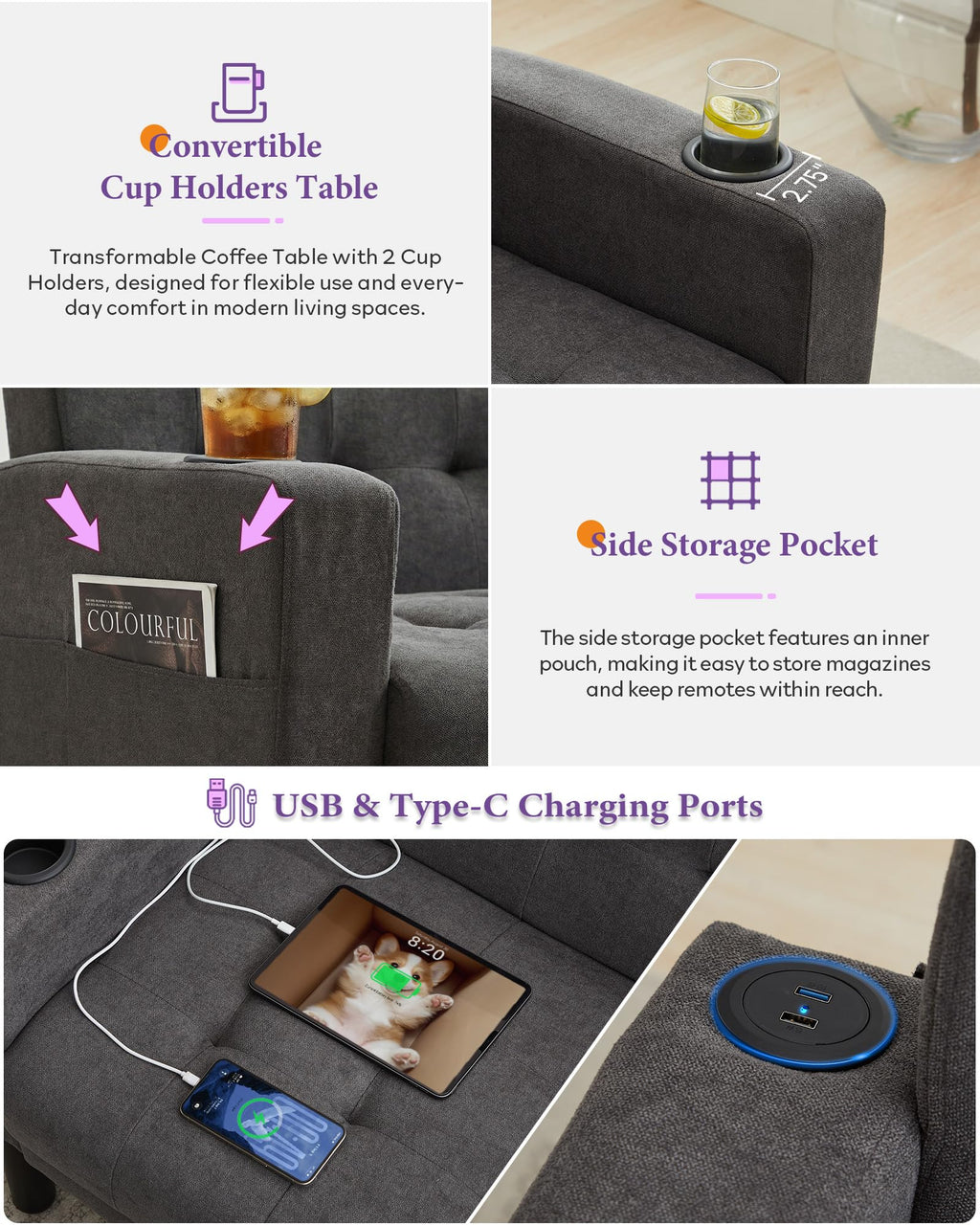 TYBOATLE Grey Couch and Chairs, 3 Piece Living Room Furniture Set with USB & Type-C