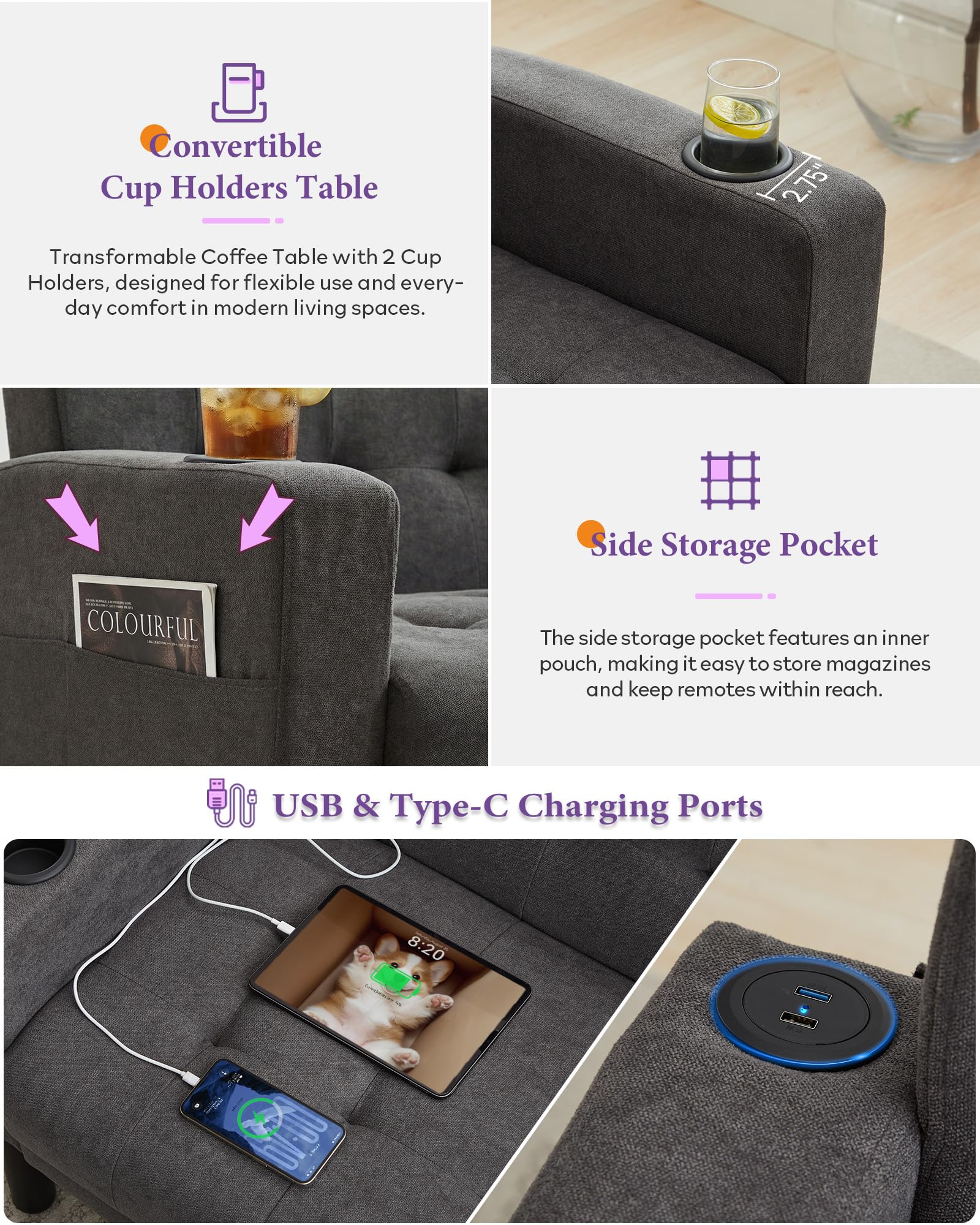 TYBOATLE Grey Couch and Chairs, 3 Piece Living Room Furniture Set with USB & Type-C