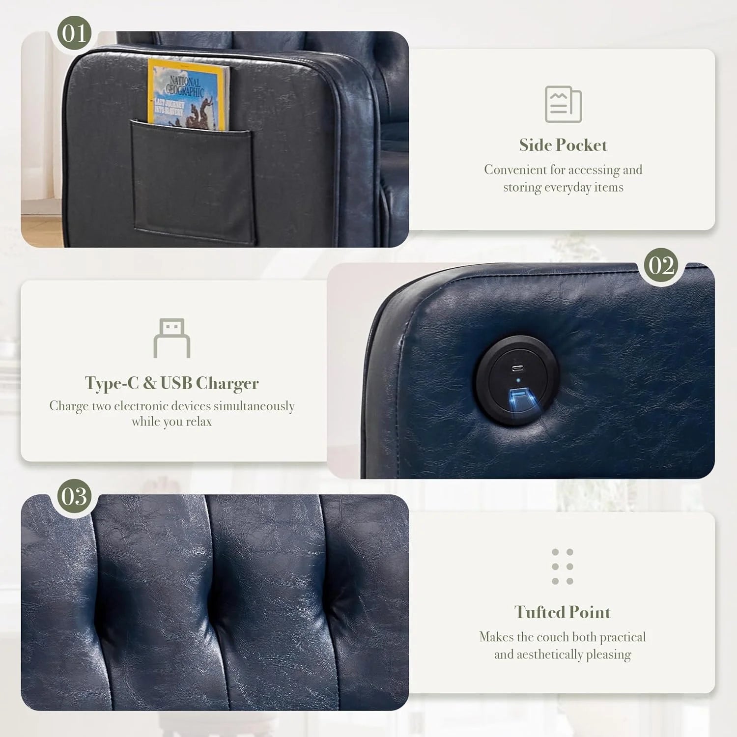 LAZZO 57" Mid-Century Modern Loveseat Sofa, Faux Leather Tufted Small Couch with USB Charging Ports & Pockets, Blue