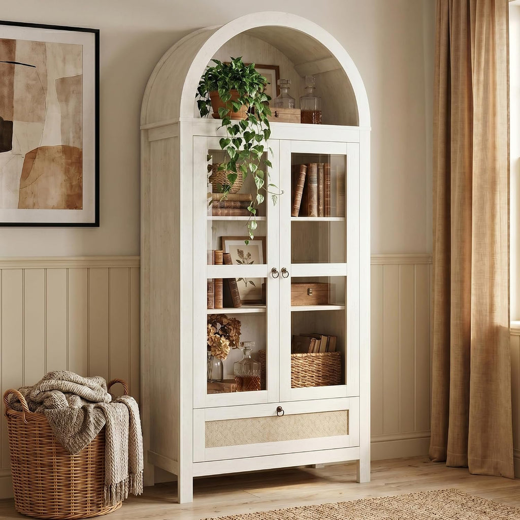 LAZZO 71" Arched Pantry Cabinet with Glass Door & Drawer, Storage Cupboard with Anti-Tipping Device, White