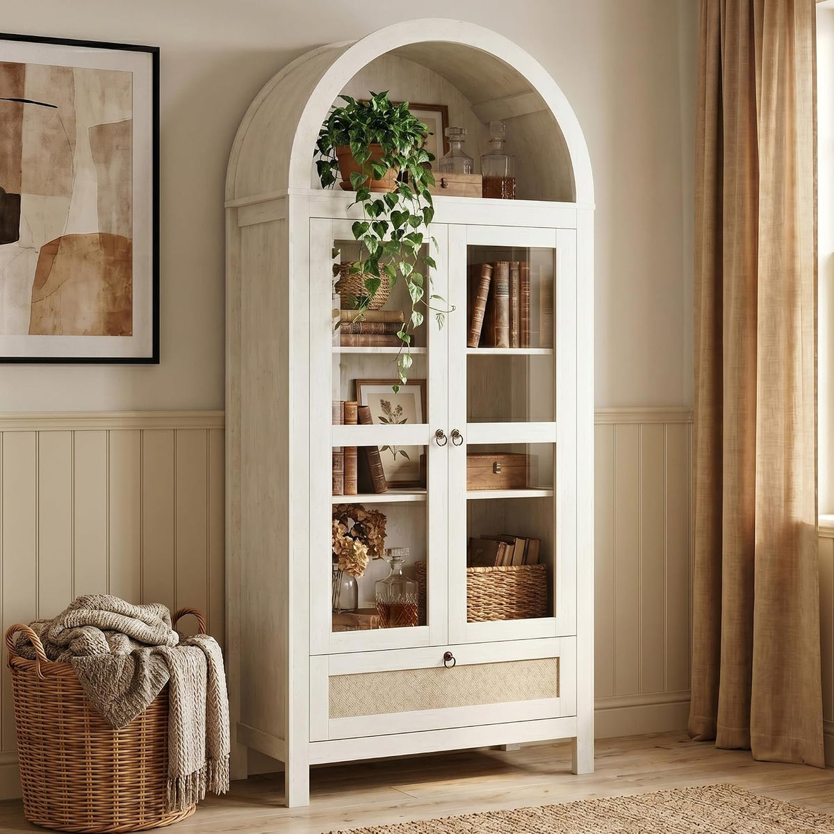 LAZZO 71" Arched Pantry Cabinet with Glass Door & Drawer, Storage Cupboard with Anti-Tipping Device, White
