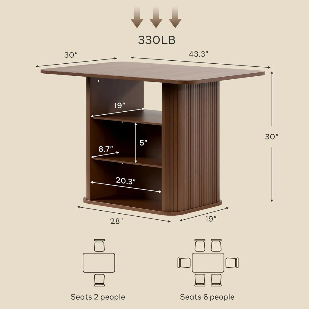 LAZZO 43.3" Dining Table for 4 People, Small Rectangular Kitchen Table with 3-Tier Storage Shelf, Modern Farmhouse Fluted Wood Table for Dining Room, Walnut