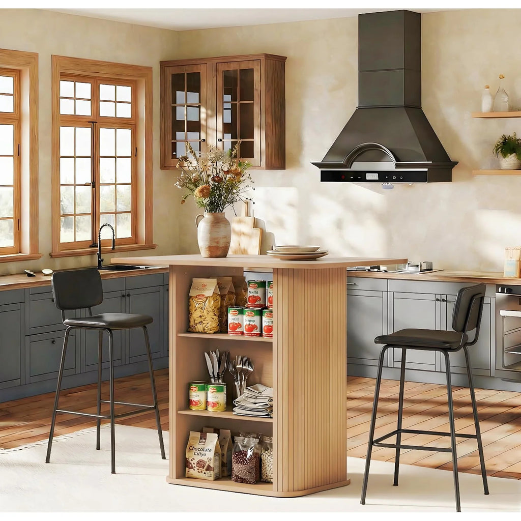 LAZZO 43.5" Kitchen Island with Storage, 3-Tier Farmhouse Counter Height Table, Rustic Wood Coffee Bar Table for Kitchen & Dining Room, Oak