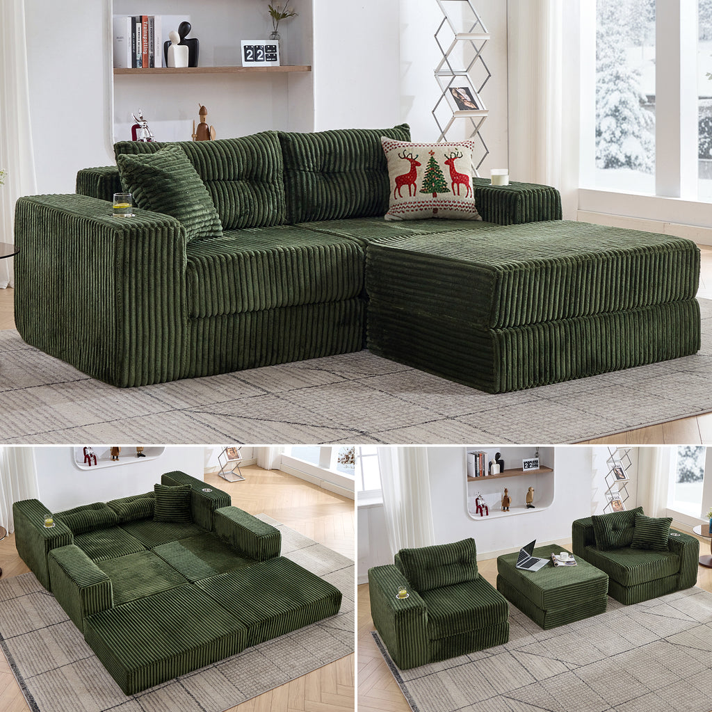 TYBOATLE Modular Cloud Sofa Loveseat with Ottoman, Modern Corduroy Boneless Sectional Foam Couch with Deep Seats, Convertible Sleeper Sofa Bed for Living Room, No Assembly (Forest Green, 2 Seat)