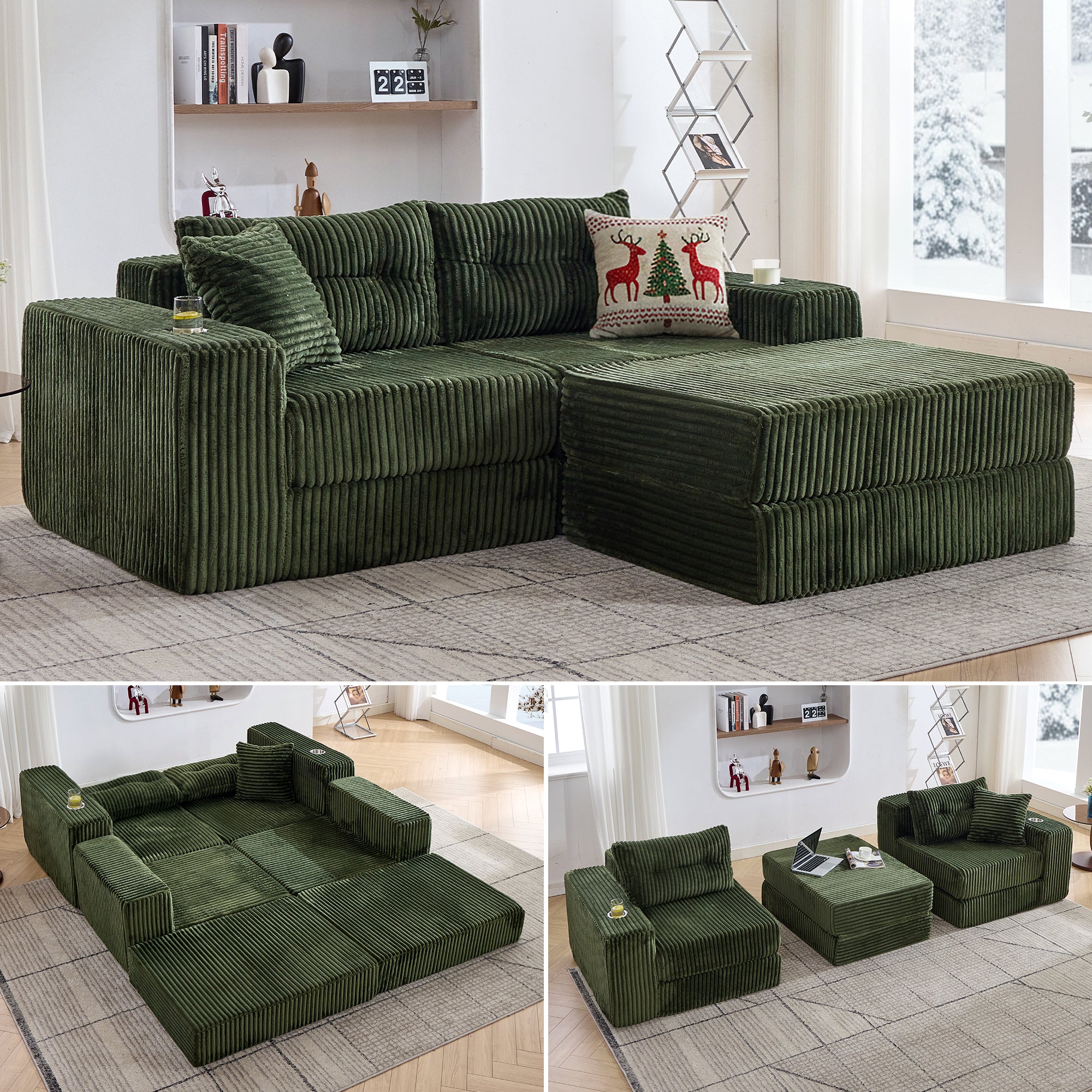TYBOATLE Modular Cloud Sofa Loveseat with Ottoman, Modern Corduroy Boneless Sectional Foam Couch with Deep Seats, Convertible Sleeper Sofa Bed for Living Room, No Assembly (Forest Green, 2 Seat)