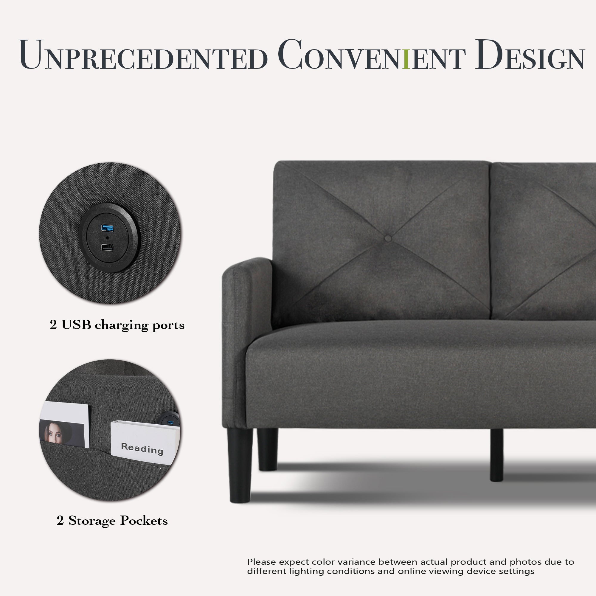 CHYMSUN Loveseat Sofa, 2 Pieces Set Mid Century Modern Sofa Couch w/ 2 USB & Side Pocket, Tufted Small Love Seat Sofas for Living Room, Small Spaces, Office, Apartment Furniture (2, Dark Grey)