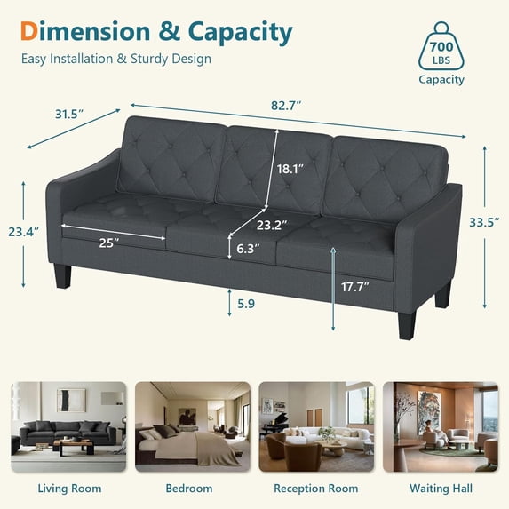 LAZZO 83" 3-Seater Couch, Linen Fabric Tufted Design with High-Resilience Foam for Living Room and Office, Gray